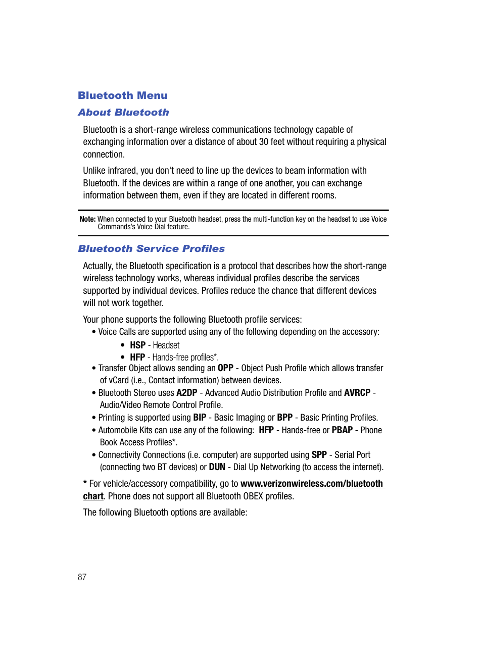 Bluetooth menu, About bluetooth, Bluetooth service profiles | Samsung SCH-U700ZNAVZW User Manual | Page 90 / 180
