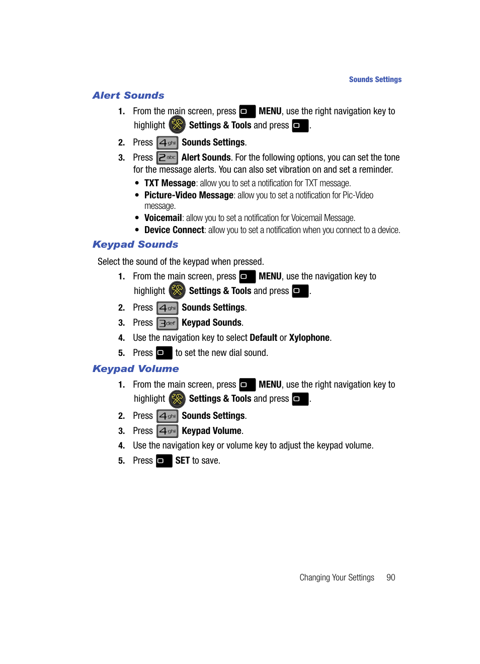 Alert sounds, Keypad sounds, Keypad volume | Samsung SCH-U700ZNAVZW User Manual | Page 93 / 180