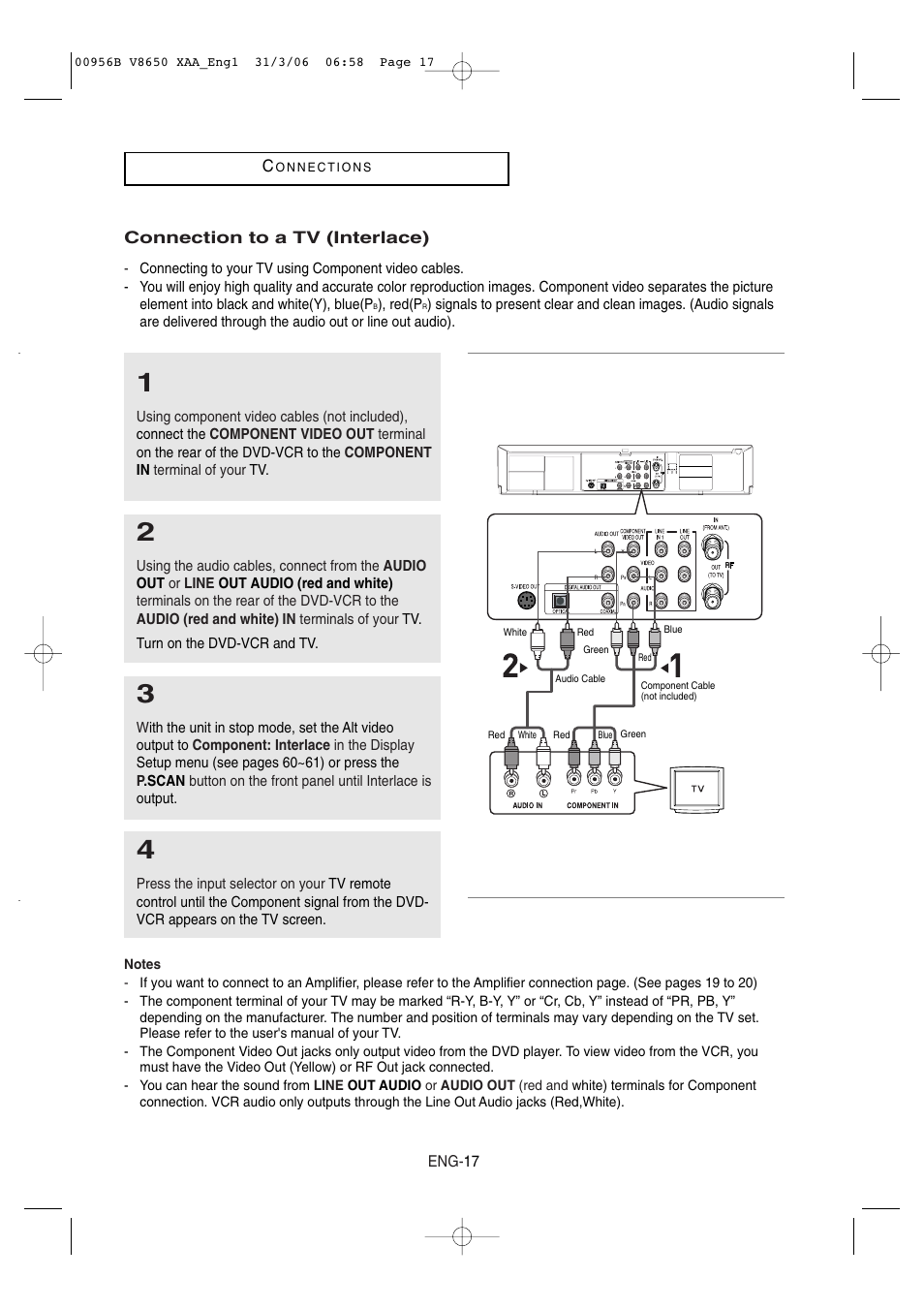 Connection to a tv (interlace) | Samsung DVD-V8650-XAA User Manual | Page 17 / 92