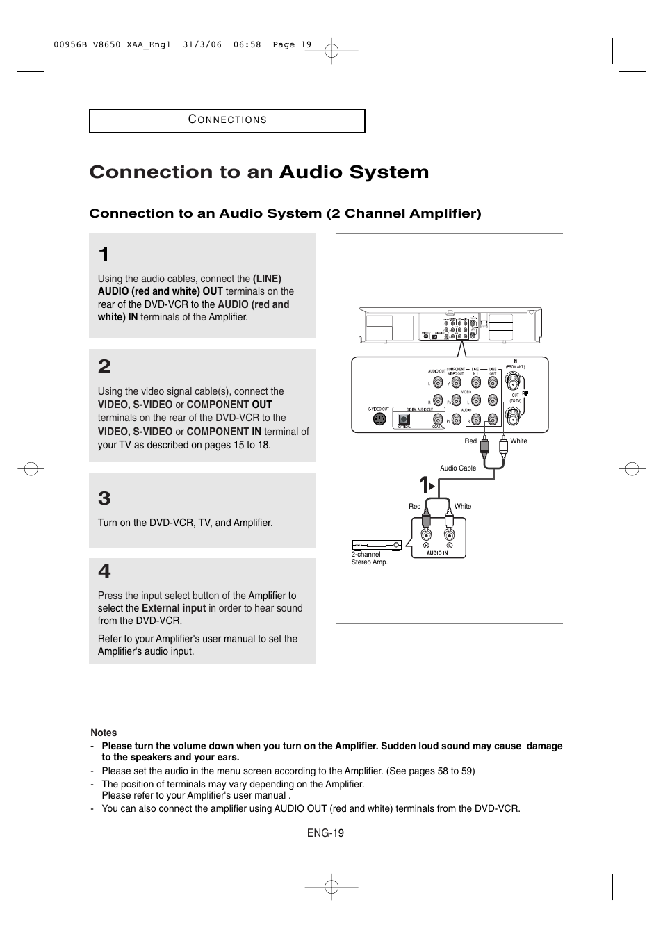 Connection to an audio system | Samsung DVD-V8650-XAA User Manual | Page 19 / 92