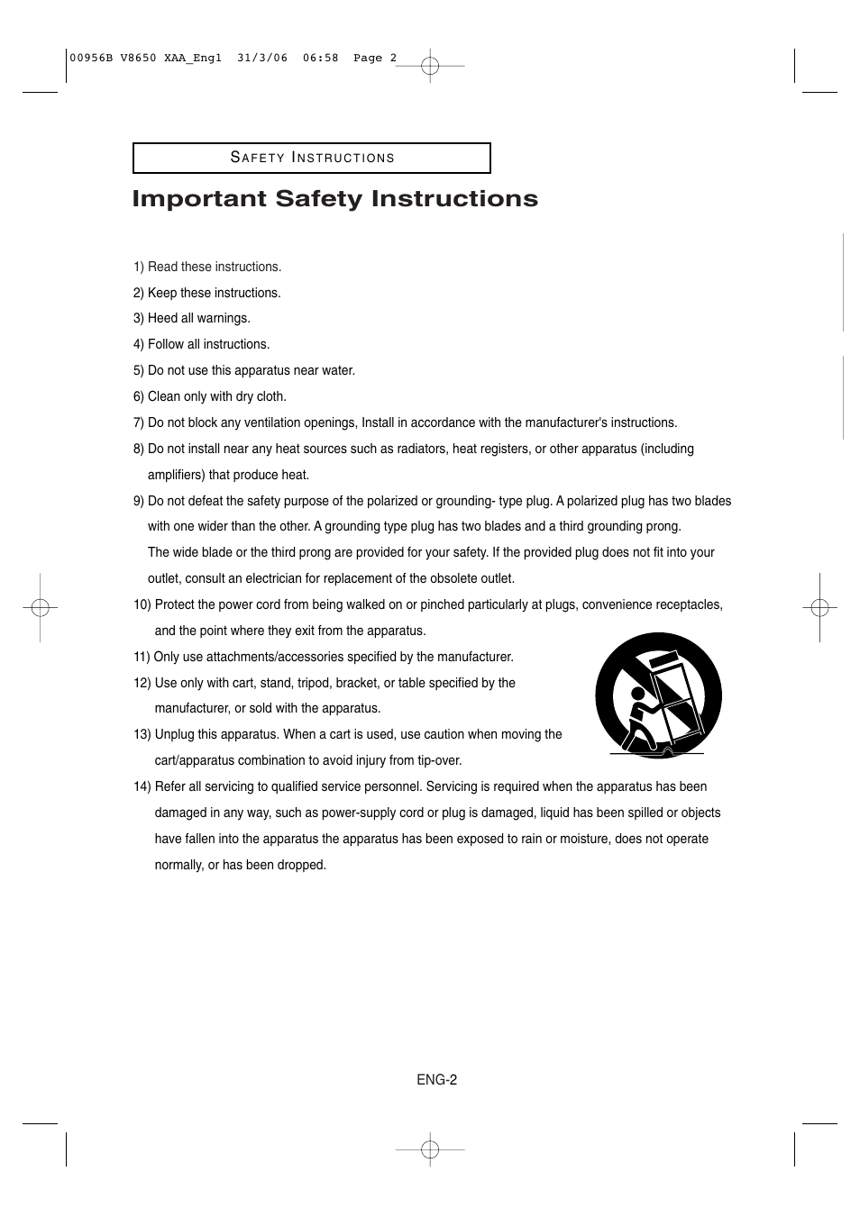 Safety instructions, Important safety instructions | Samsung DVD-V8650-XAA User Manual | Page 2 / 92