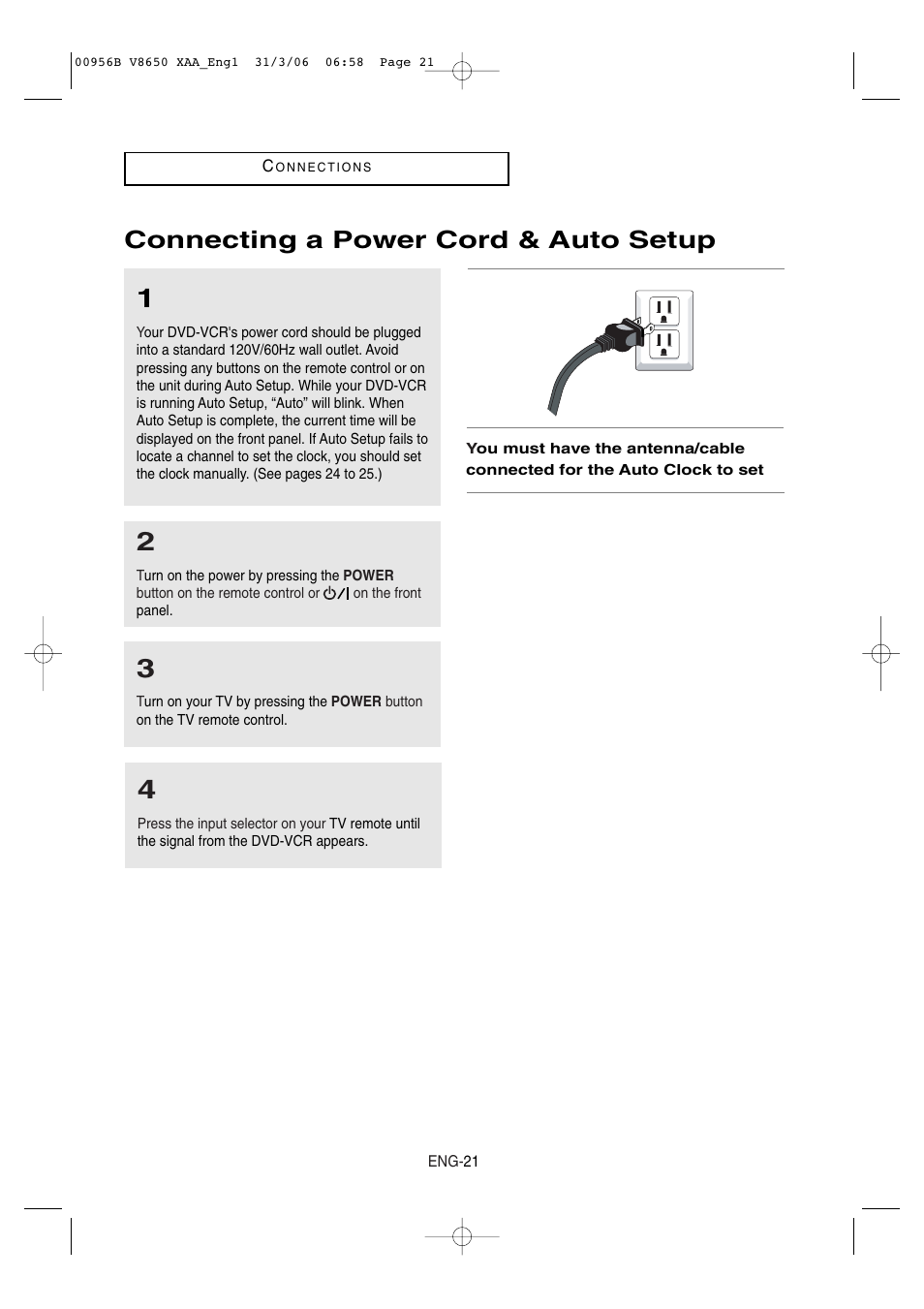 Connecting a power cord & auto setup | Samsung DVD-V8650-XAA User Manual | Page 21 / 92