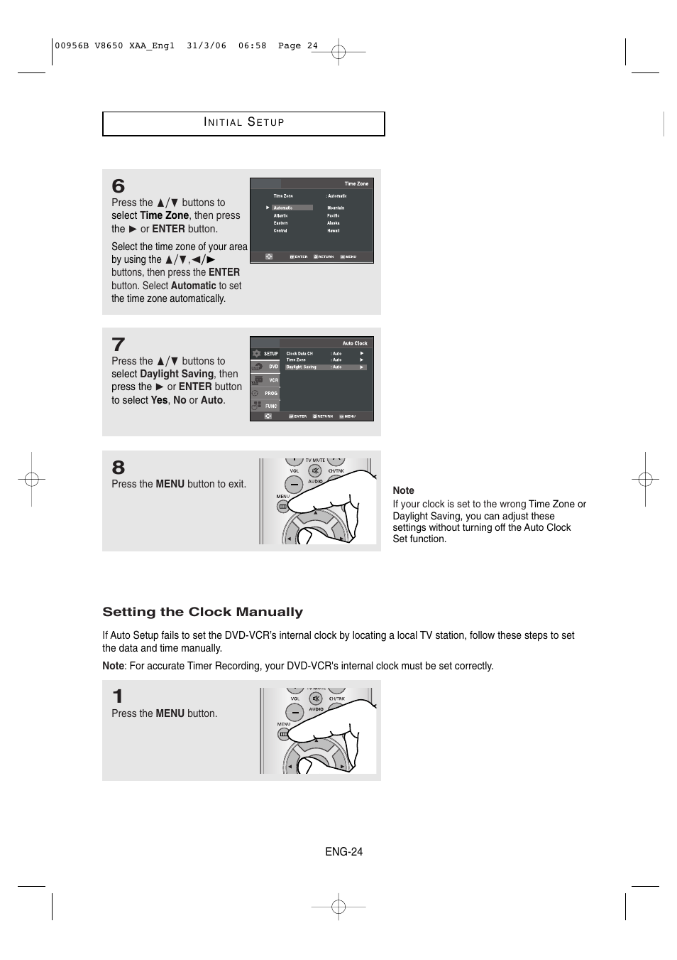 Setting the clock manually | Samsung DVD-V8650-XAA User Manual | Page 24 / 92