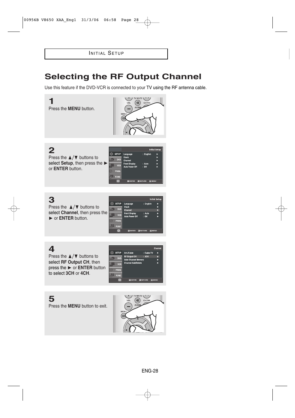 Selecting the rf output channel | Samsung DVD-V8650-XAA User Manual | Page 28 / 92