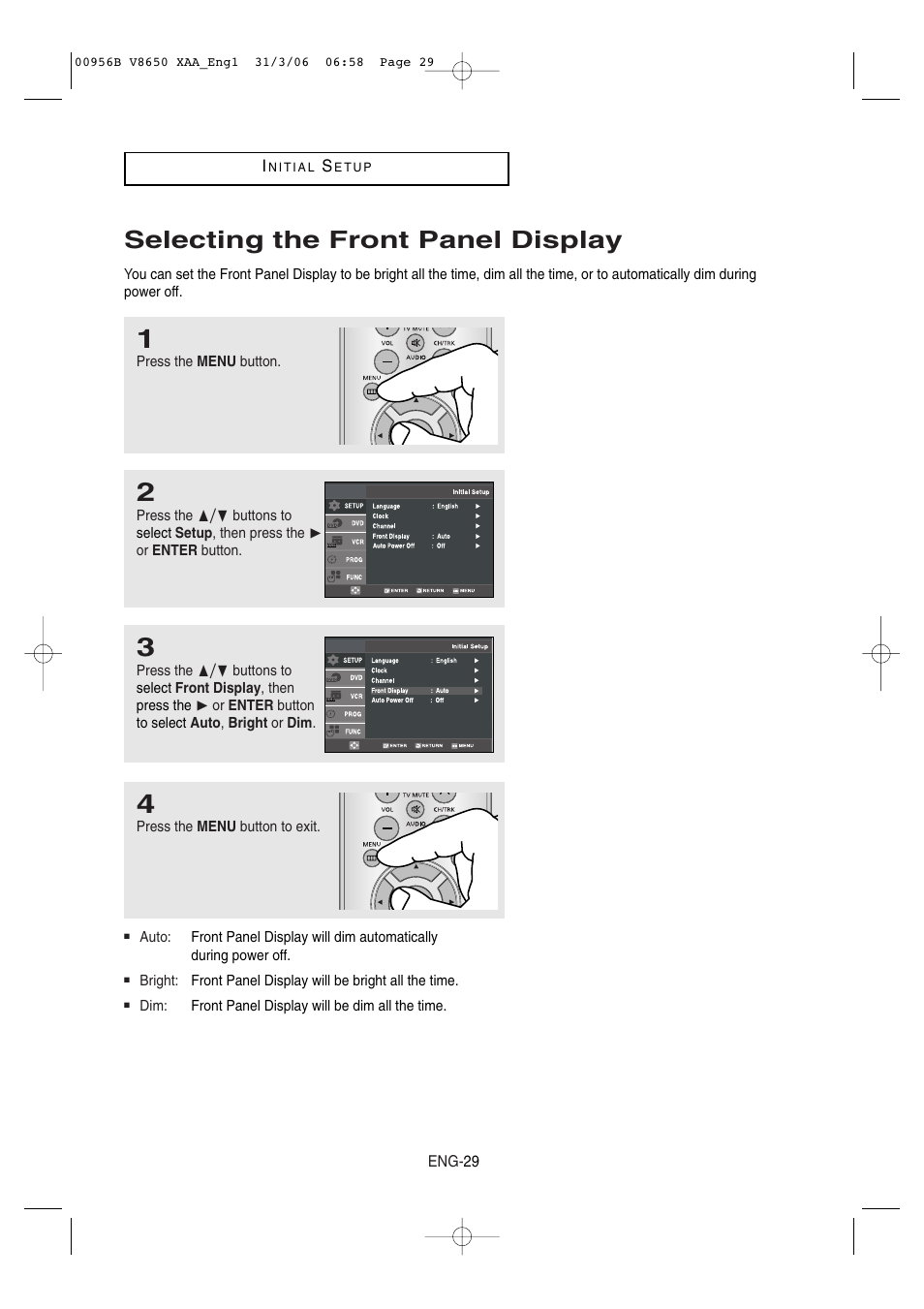 Selecting the front panel display | Samsung DVD-V8650-XAA User Manual | Page 29 / 92