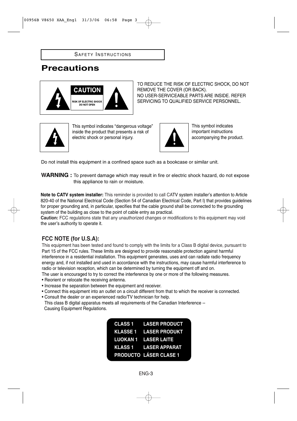 Precautions | Samsung DVD-V8650-XAA User Manual | Page 3 / 92