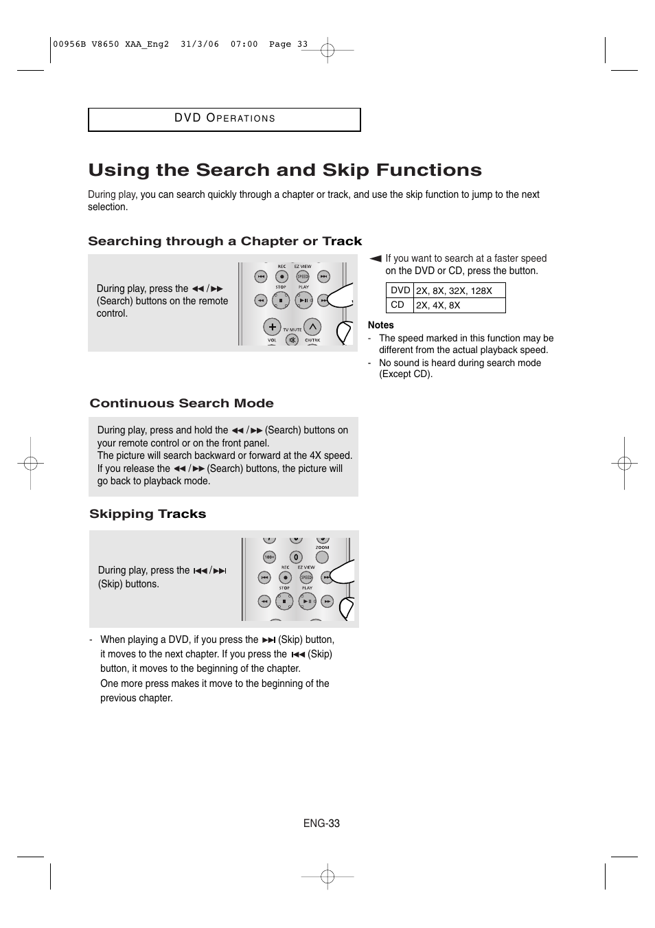 Using the search and skip functions | Samsung DVD-V8650-XAA User Manual | Page 33 / 92