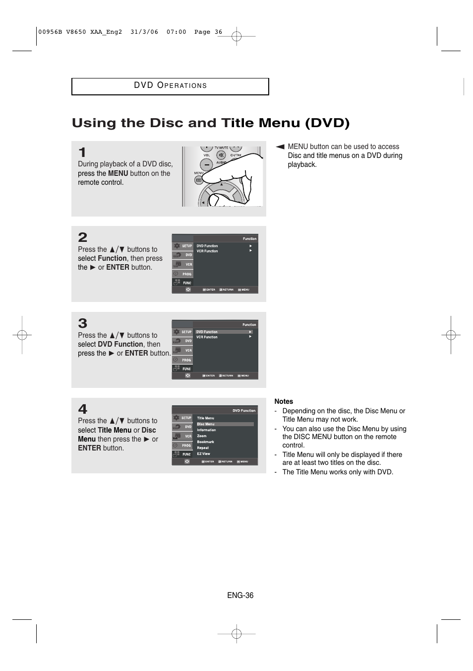 Using the disc and title menu (dvd), Using the disc and t itle menu (dvd) | Samsung DVD-V8650-XAA User Manual | Page 36 / 92
