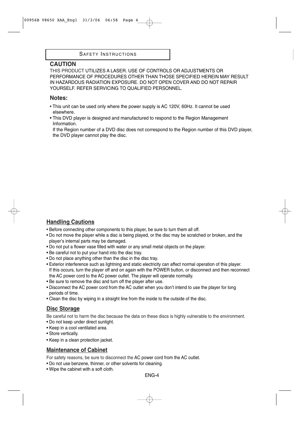 Caution, Handling cautions, Disc storage | Maintenance of cabinet | Samsung DVD-V8650-XAA User Manual | Page 4 / 92