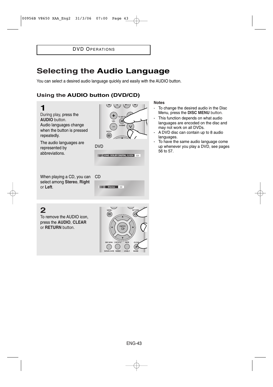 Selecting the audio language | Samsung DVD-V8650-XAA User Manual | Page 43 / 92