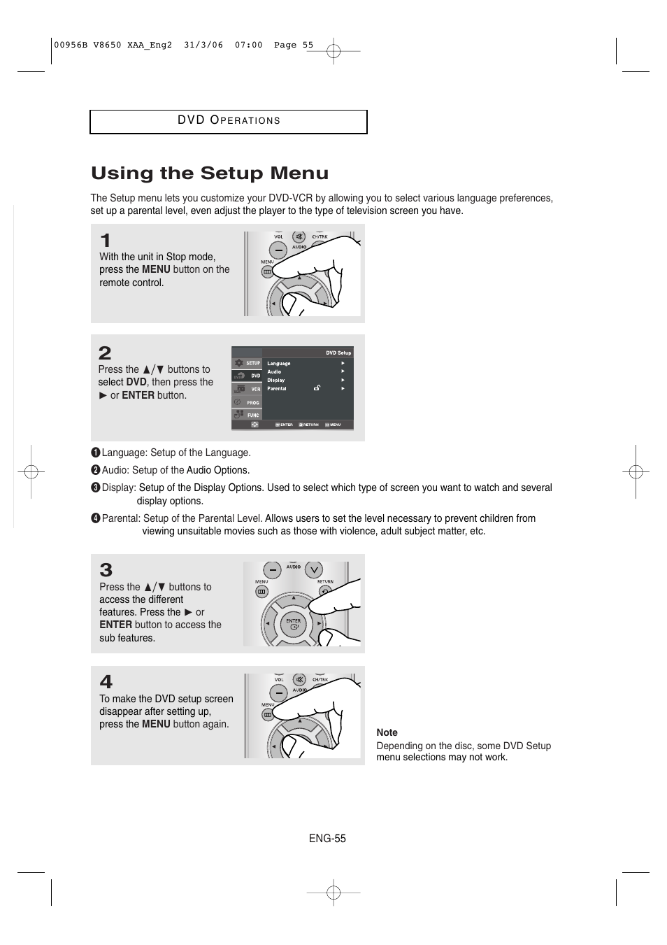 Using the setup menu | Samsung DVD-V8650-XAA User Manual | Page 55 / 92