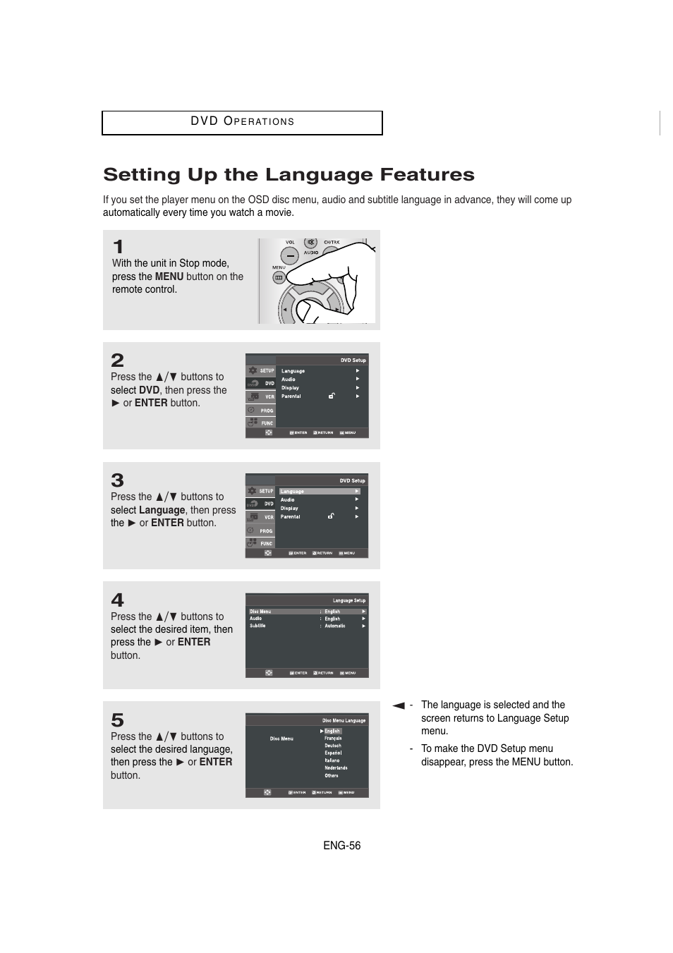 Setting up the language features | Samsung DVD-V8650-XAA User Manual | Page 56 / 92