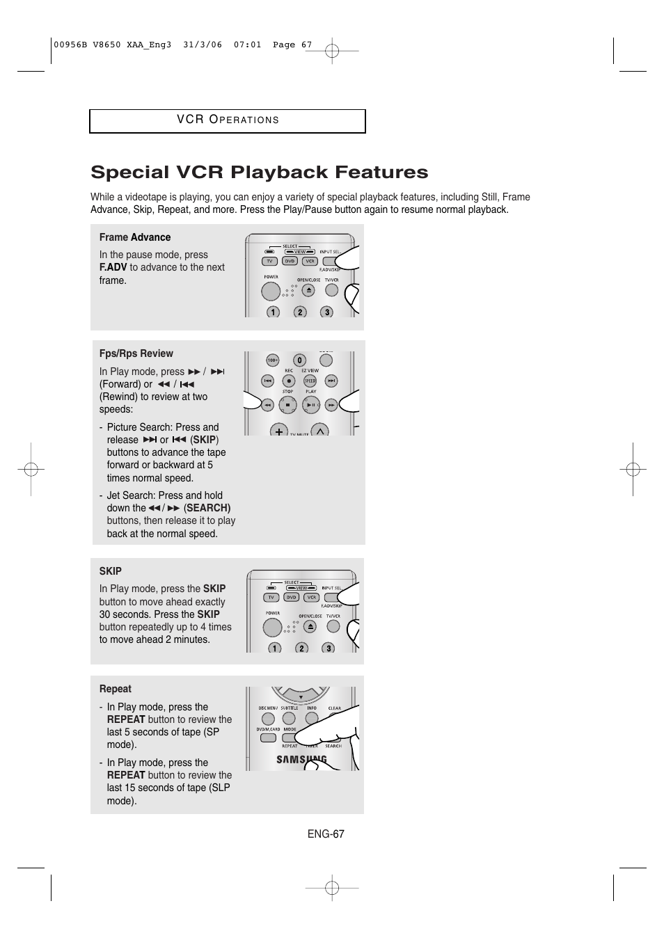 Special vcr playback features | Samsung DVD-V8650-XAA User Manual | Page 67 / 92