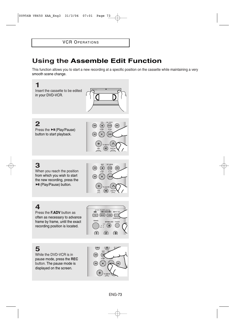 Using the assemble edit function | Samsung DVD-V8650-XAA User Manual | Page 73 / 92