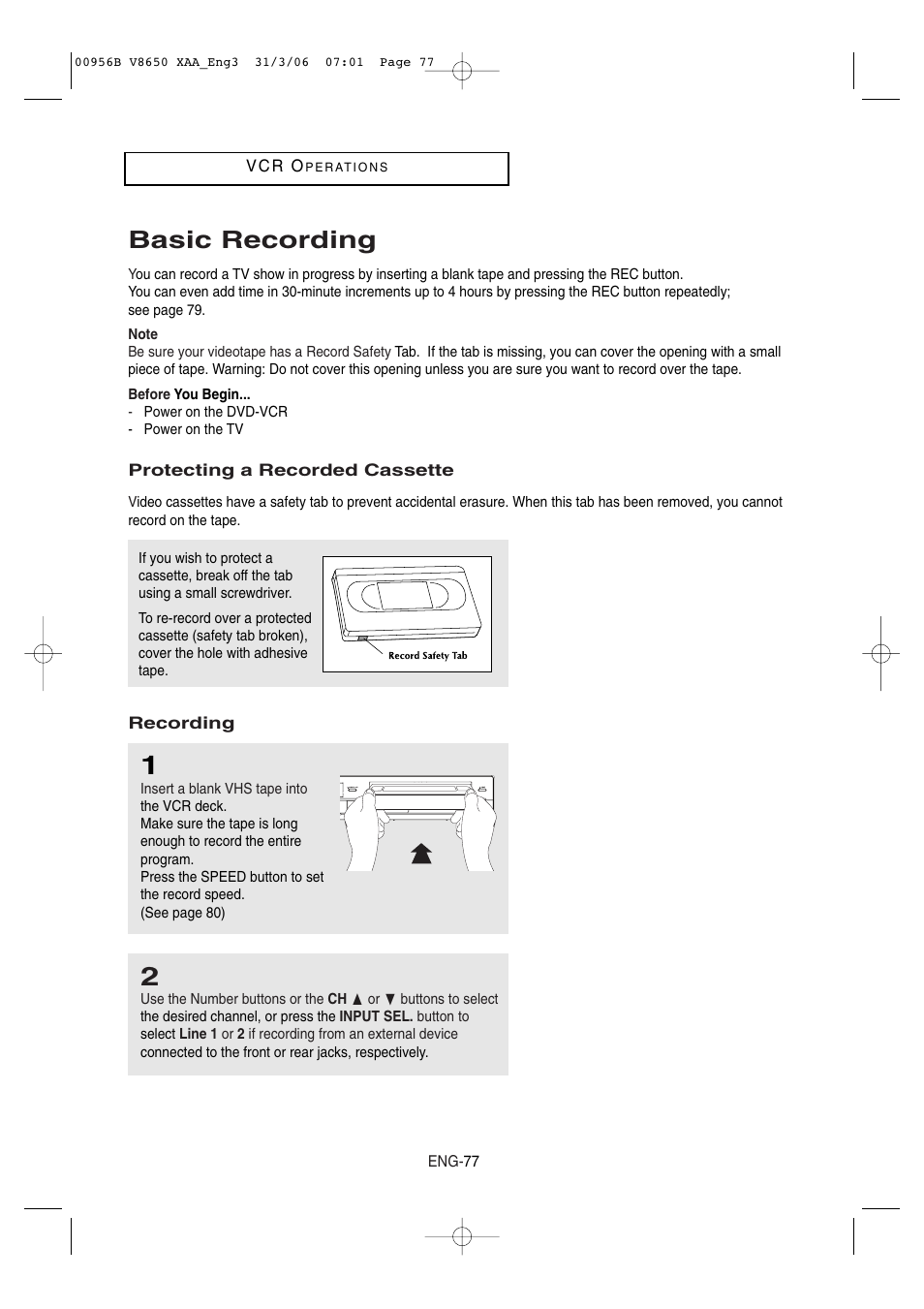 Basic recording | Samsung DVD-V8650-XAA User Manual | Page 77 / 92