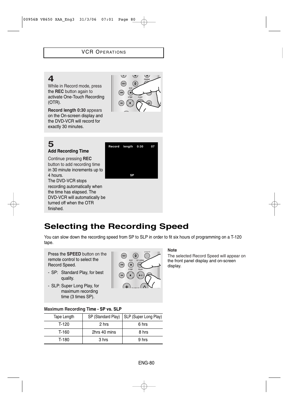 Selecting the recording speed | Samsung DVD-V8650-XAA User Manual | Page 80 / 92