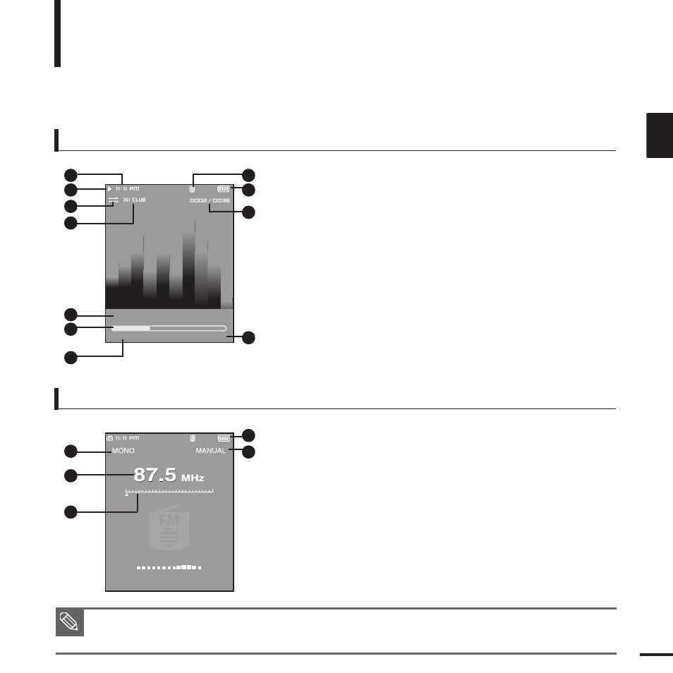 Screen display information, Music fm radio | Samsung YP-T9JBQP-XAC User Manual | Page 9 / 81