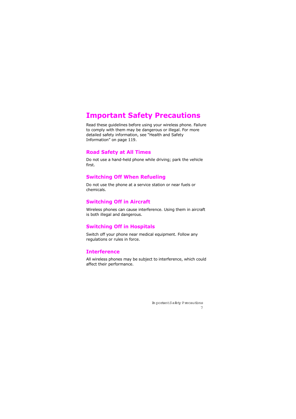 Important safety precautions, Road safety at all times, Switching off when refueling | Switching off in aircraft, Switching off in hospitals, Interference | Samsung SGH-X105NBATMB User Manual | Page 10 / 159