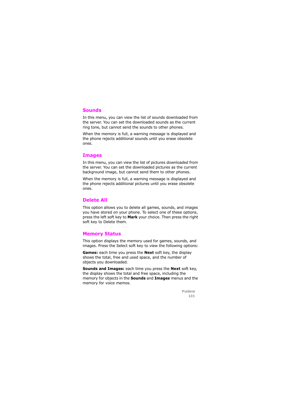 Sounds, Images, Delete all | Memory status, Sounds images delete all memory status | Samsung SGH-X105NBATMB User Manual | Page 106 / 159