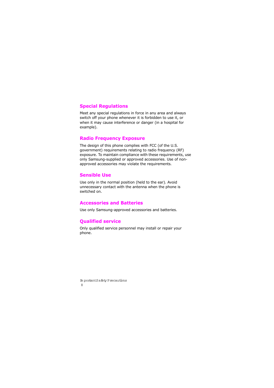 Special regulations, Radio frequency exposure, Sensible use | Accessories and batteries, Qualified service | Samsung SGH-X105NBATMB User Manual | Page 11 / 159