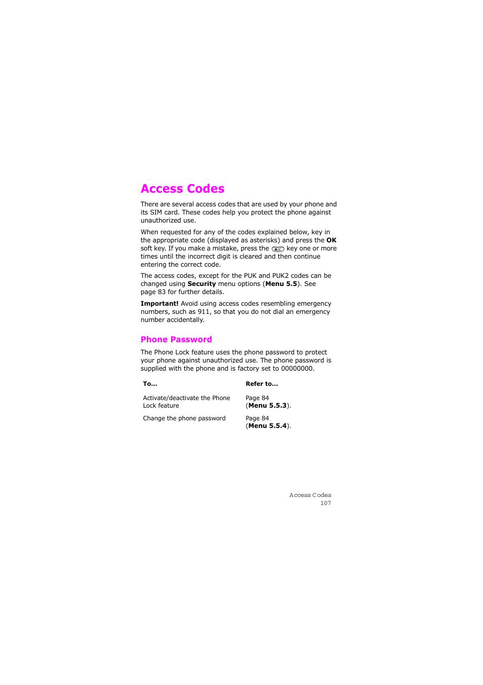 Access codes, Phone password | Samsung SGH-X105NBATMB User Manual | Page 110 / 159