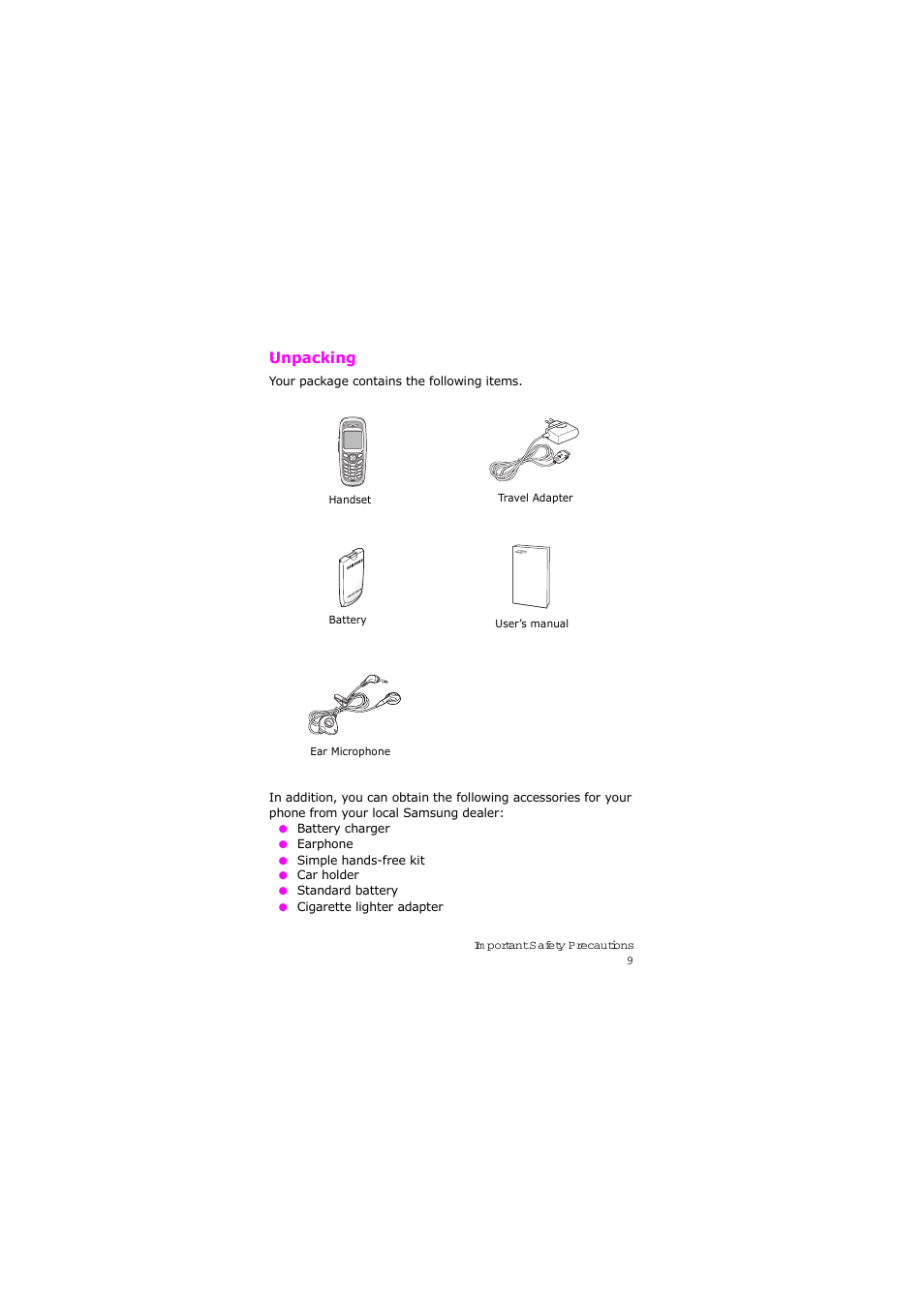 Unpacking | Samsung SGH-X105NBATMB User Manual | Page 12 / 159