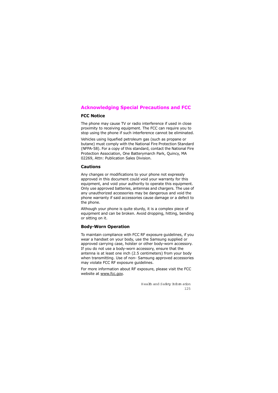 Acknowledging special precautions and fcc | Samsung SGH-X105NBATMB User Manual | Page 128 / 159