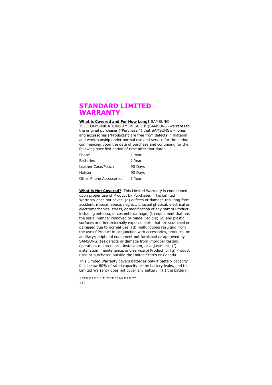 Standard limited warranty | Samsung SGH-X105NBATMB User Manual | Page 143 / 159