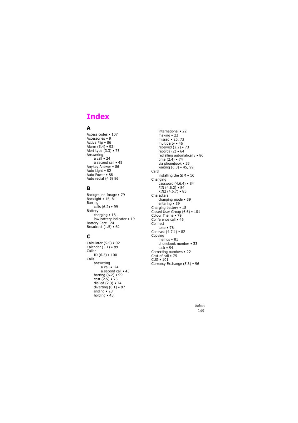 Index | Samsung SGH-X105NBATMB User Manual | Page 152 / 159