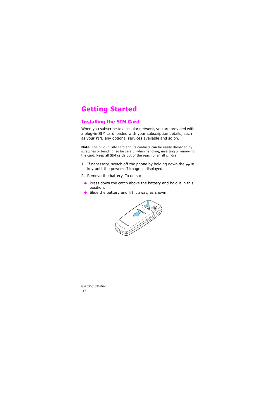 Getting started, Installing the sim card | Samsung SGH-X105NBATMB User Manual | Page 19 / 159