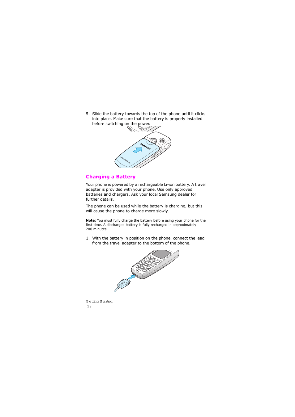 Charging a battery | Samsung SGH-X105NBATMB User Manual | Page 21 / 159