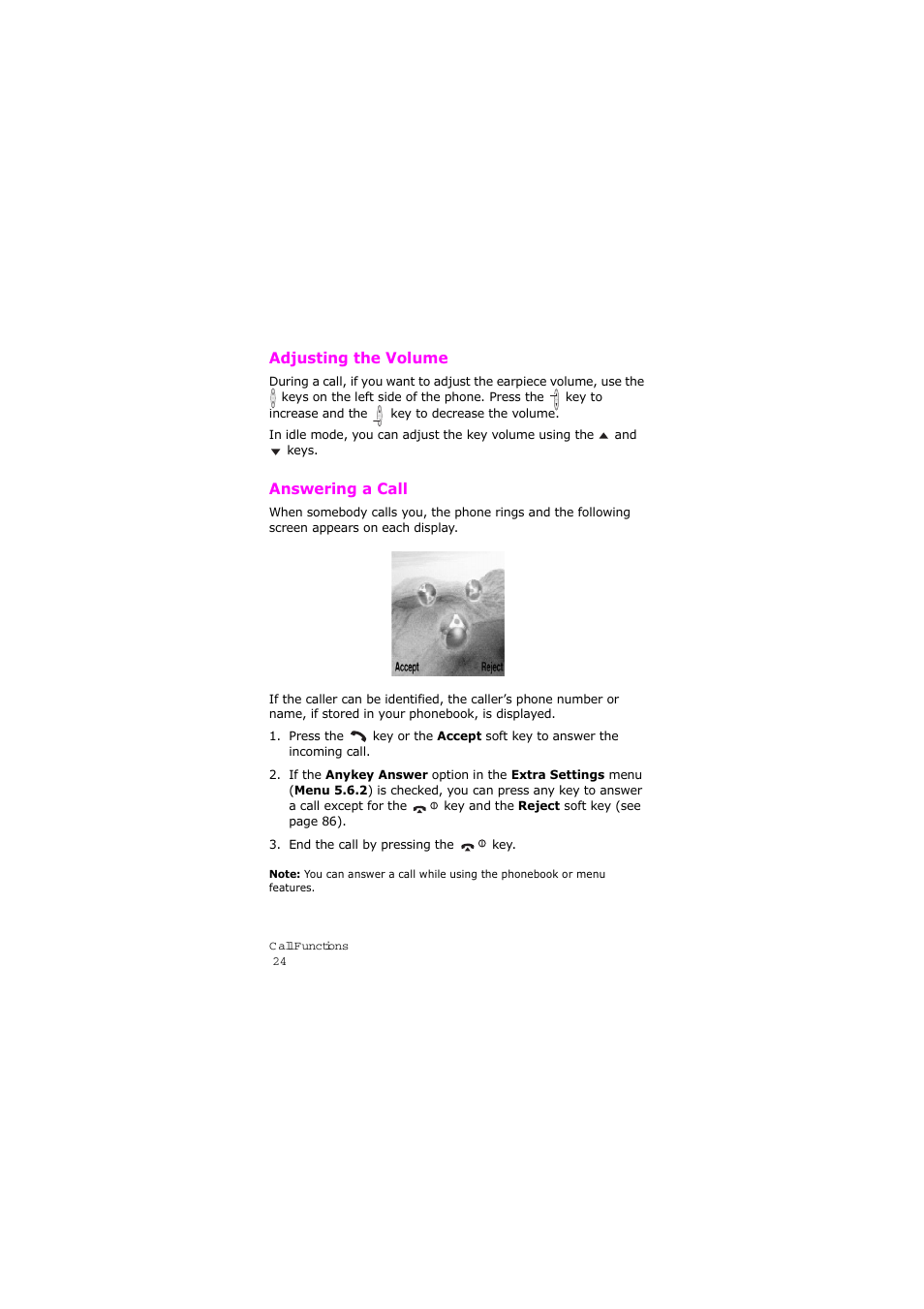 Adjusting the volume, Answering a call, Adjusting the volume answering a call | Samsung SGH-X105NBATMB User Manual | Page 27 / 159