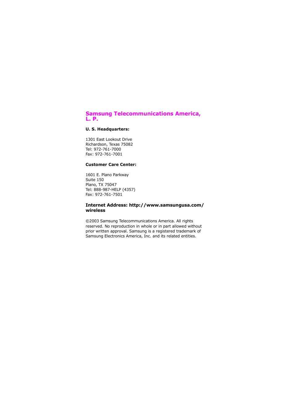 Samsung telecommunications america, l. p | Samsung SGH-X105NBATMB User Manual | Page 3 / 159