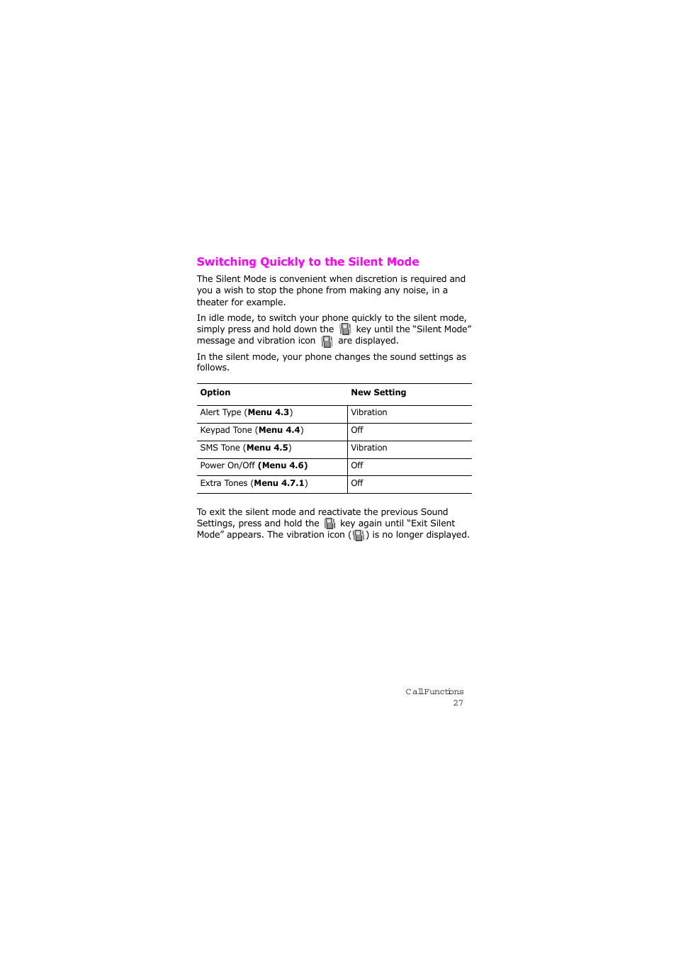 Switching quickly to the silent mode | Samsung SGH-X105NBATMB User Manual | Page 30 / 159