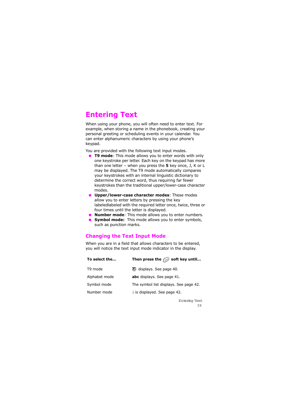 Entering text, Changing the text input mode | Samsung SGH-X105NBATMB User Manual | Page 42 / 159
