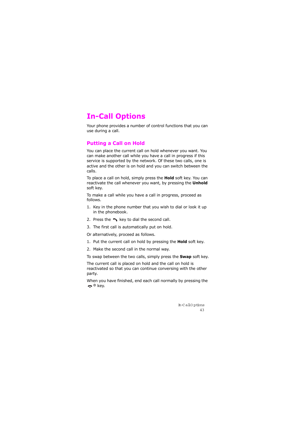 In-call options, Putting a call on hold | Samsung SGH-X105NBATMB User Manual | Page 46 / 159