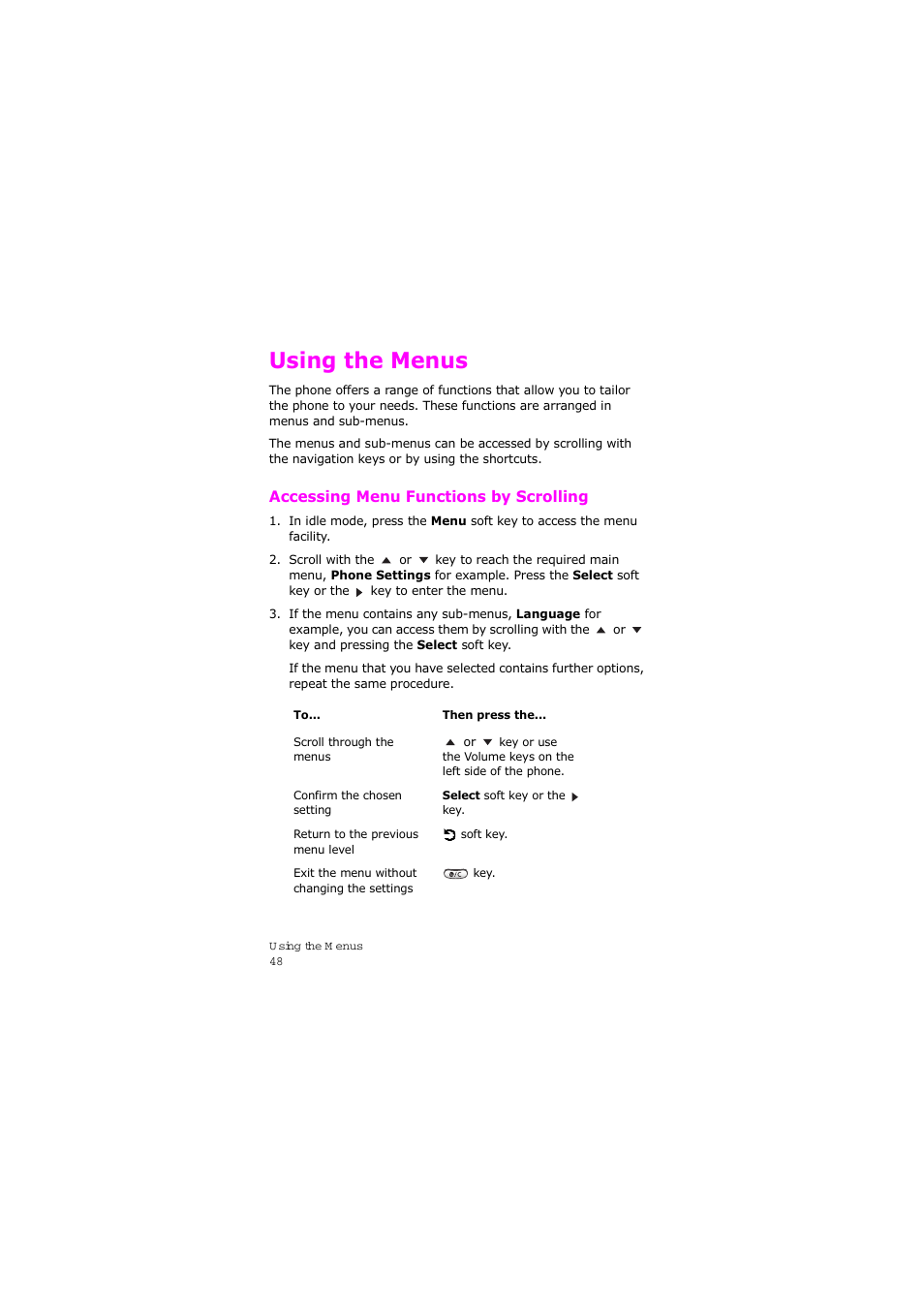 Using the menus, Accessing menu functions by scrolling | Samsung SGH-X105NBATMB User Manual | Page 51 / 159