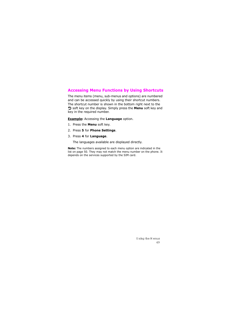 Accessing menu functions by using shortcuts | Samsung SGH-X105NBATMB User Manual | Page 52 / 159