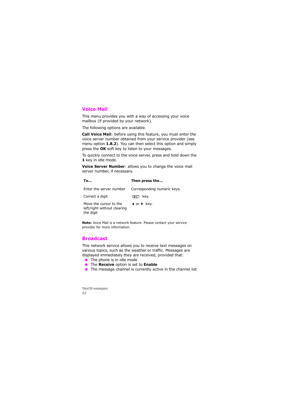 Voice mail, Broadcast, Voice mail broadcast | Samsung SGH-X105NBATMB User Manual | Page 65 / 159