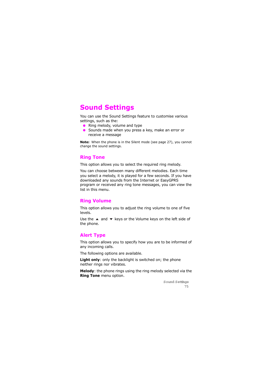 Sound settings, Ring tone, Ring volume | Alert type, Ring tone ring volume alert type | Samsung SGH-X105NBATMB User Manual | Page 78 / 159