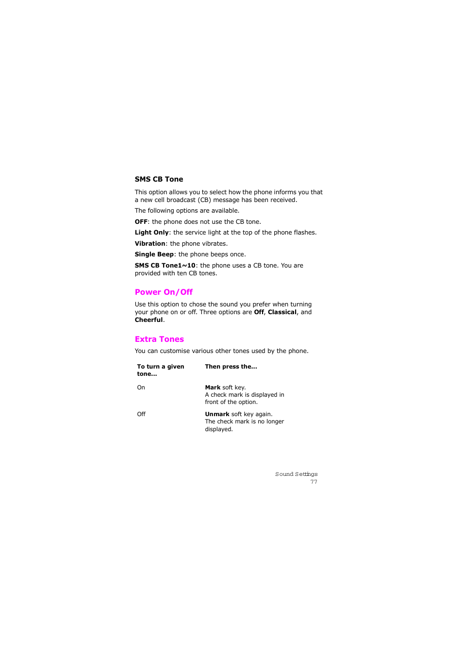 Power on/off, Extra tones, Power on/off extra tones | Samsung SGH-X105NBATMB User Manual | Page 80 / 159