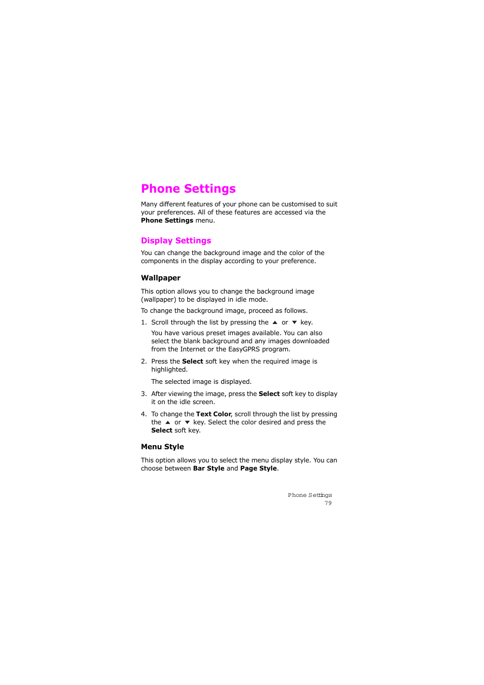 Phone settings, Display settings | Samsung SGH-X105NBATMB User Manual | Page 82 / 159