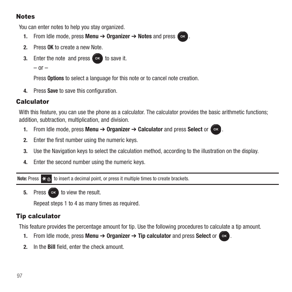 Notes, Calculator, Tip calculator | Notes calculator tip calculator | Samsung SGH-T369ZKDTMB User Manual | Page 100 / 153