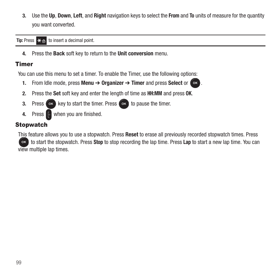 Timer, Stopwatch, Timer stopwatch | Samsung SGH-T369ZKDTMB User Manual | Page 102 / 153