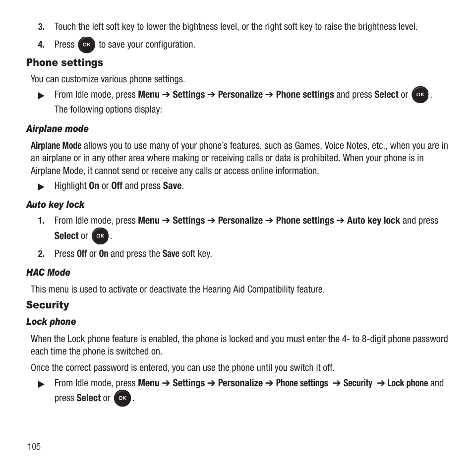 Phone settings, Security, Phone settings security | Samsung SGH-T369ZKDTMB User Manual | Page 108 / 153