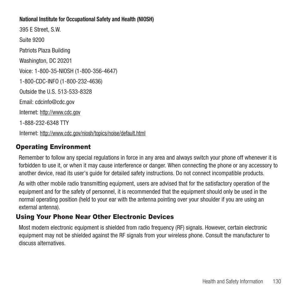 Operating environment, Using your phone near other electronic devices | Samsung SGH-T369ZKDTMB User Manual | Page 133 / 153