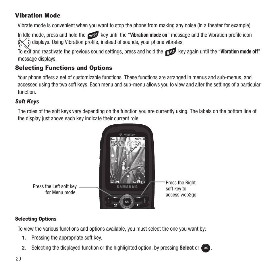 Vibration mode, Selecting functions and options, Vibration mode selecting functions and options | Samsung SGH-T369ZKDTMB User Manual | Page 32 / 153
