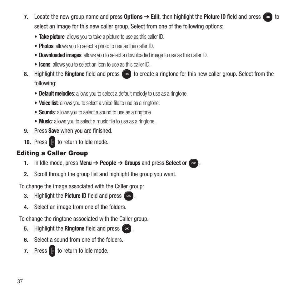 Editing a caller group | Samsung SGH-T369ZKDTMB User Manual | Page 40 / 153