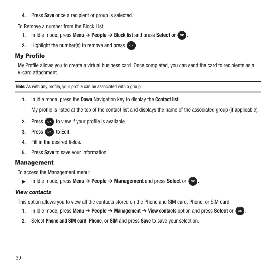 My profile, Management, My profile management | Samsung SGH-T369ZKDTMB User Manual | Page 42 / 153