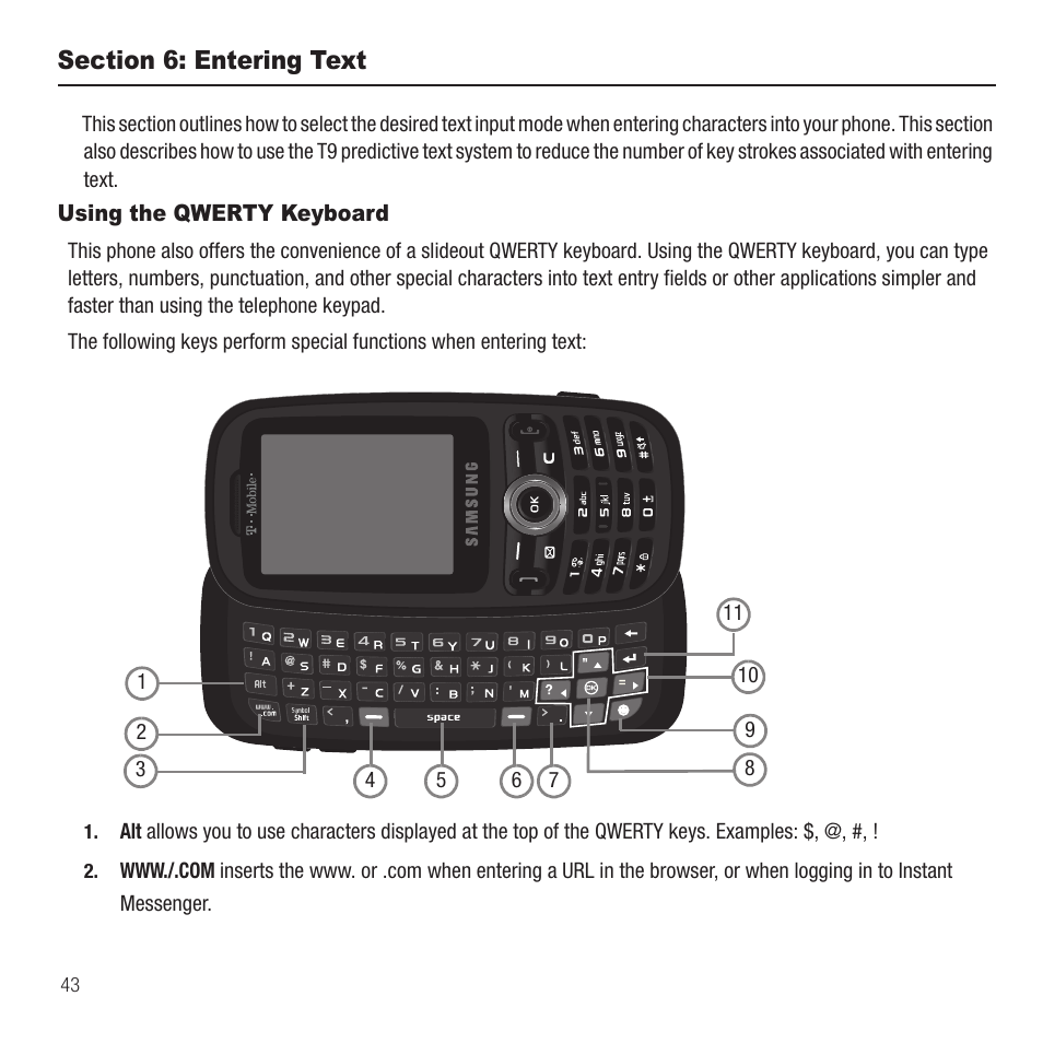 Section 6: entering text, Using the qwerty keyboard | Samsung SGH-T369ZKDTMB User Manual | Page 46 / 153